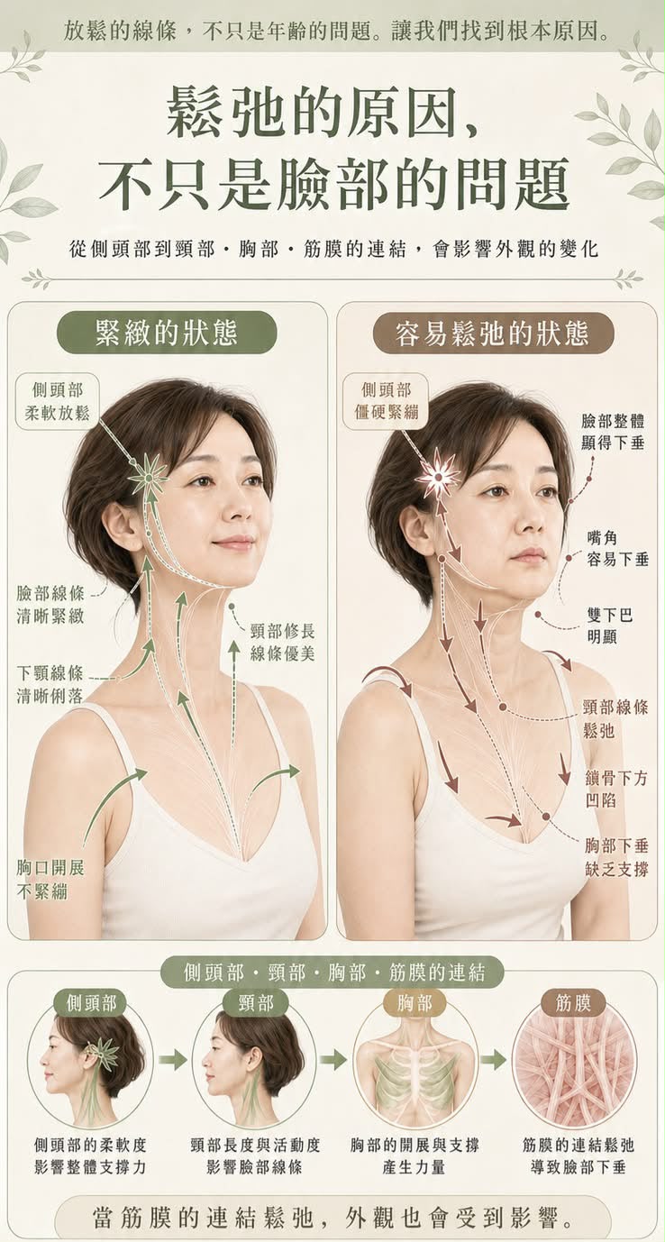 鬆弛原因說明圖：比較緊緻的狀態與容易鬆弛的狀態，展示側頭部、頸部、胸部、筋膜的連結